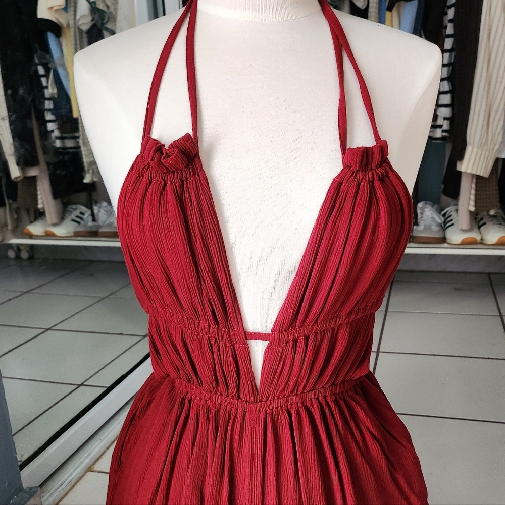 Handmade In India Deep Burgundy Plunging Halter Jumpsuit